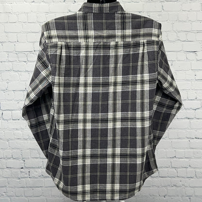 Weatherproof Vintage Flannel Shirt L Large Gray Black Plaid Button Front Cotton