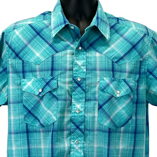 Wrangler Western Pearl Snap Shirt Mens Large Cowboy Button Front SS Plaid Blue