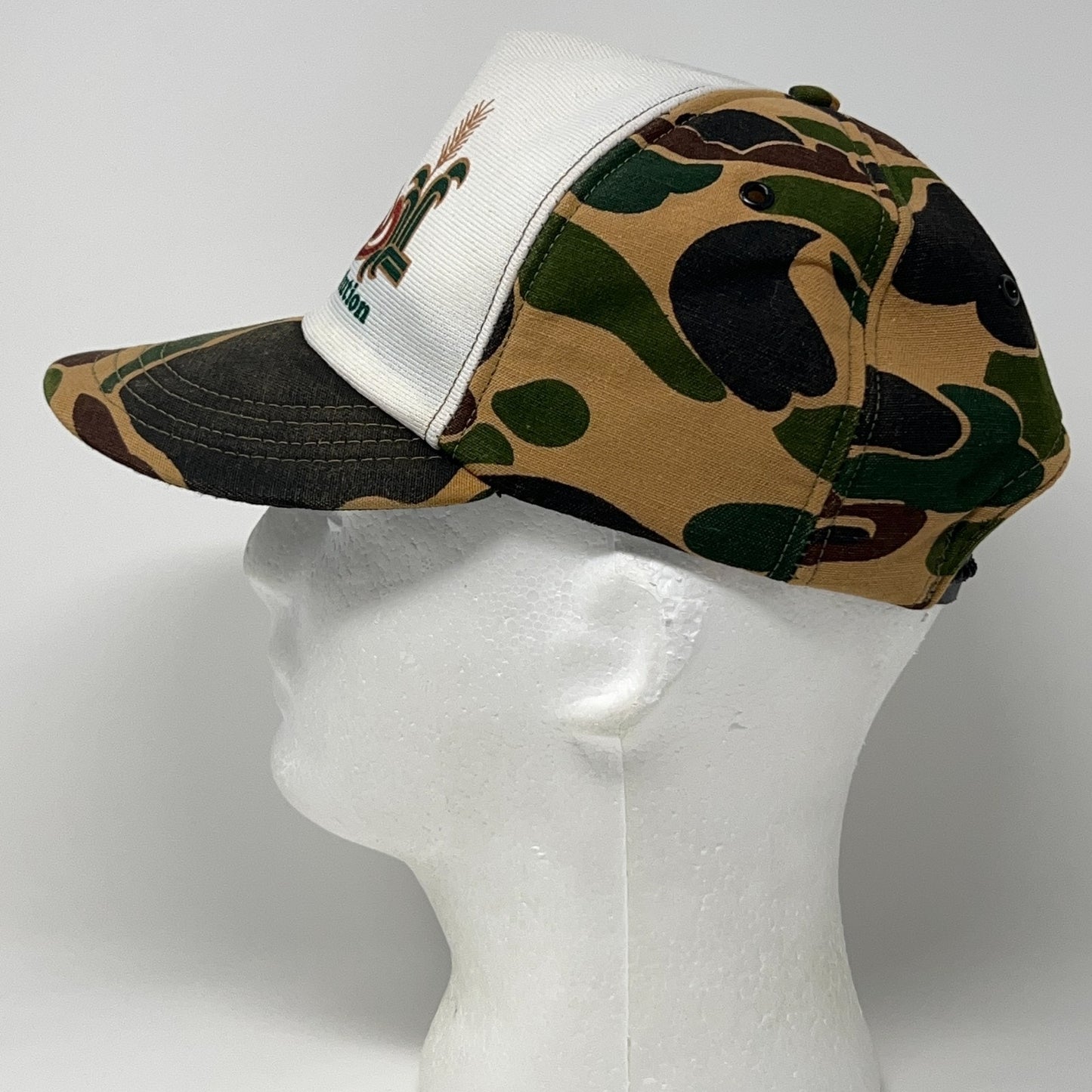 Vintage 80s AgriGro Trucker Hat Baseball Cap Farming Camouflage Snapback Beige