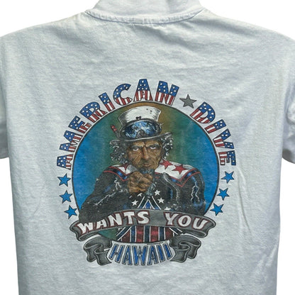 Camiseta vintage americana de buceo Oahu Hawaii para hombre, talla mediana, años 80, buceo, EE. UU., azul