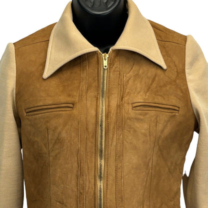 女牛仔西部复古 60 年代女式皮革混纺夹克牛仔棕色米色小号