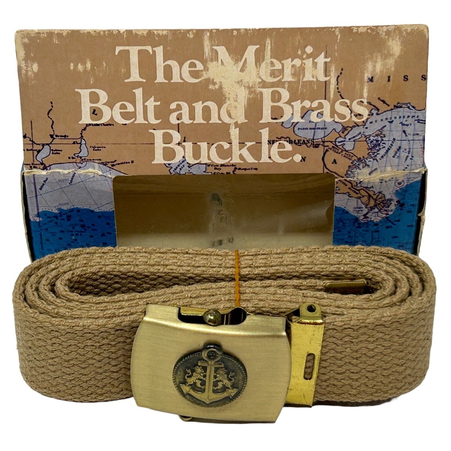 Merit Belt With Brass Anchor Buckle Vintage 80s Beige Tobacciana New