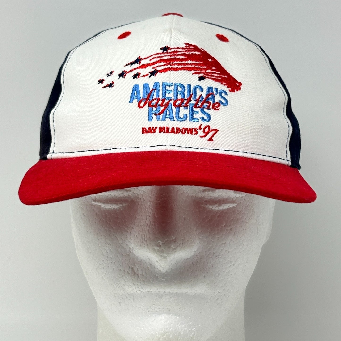 Vintage 90s Bay Meadows Racetrack Hat Baseball Cap Horse Racing Strapback Blue