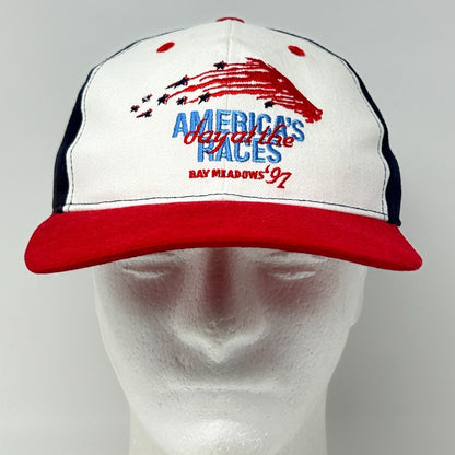 Vintage 90s Bay Meadows Racetrack Hat Baseball Cap Horse Racing Strapback Blue