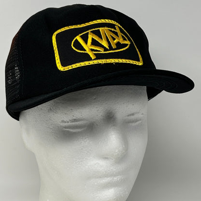 Vintage 80s KVAL Patch Trucker Hat Baseball Cap Made In USA Mesh Snapback Black