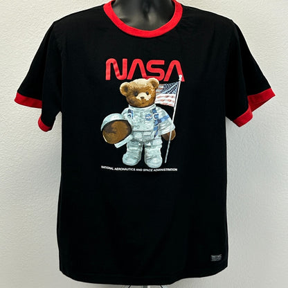NASA Space Bear Ringer T Shirt Mens L Large Black Short Sleeve Navy Yard