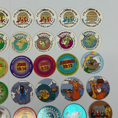 Vintage 90s Lot of 70 Christian Milk Caps Pieces Pogs Slammers Mats Jesus Bible