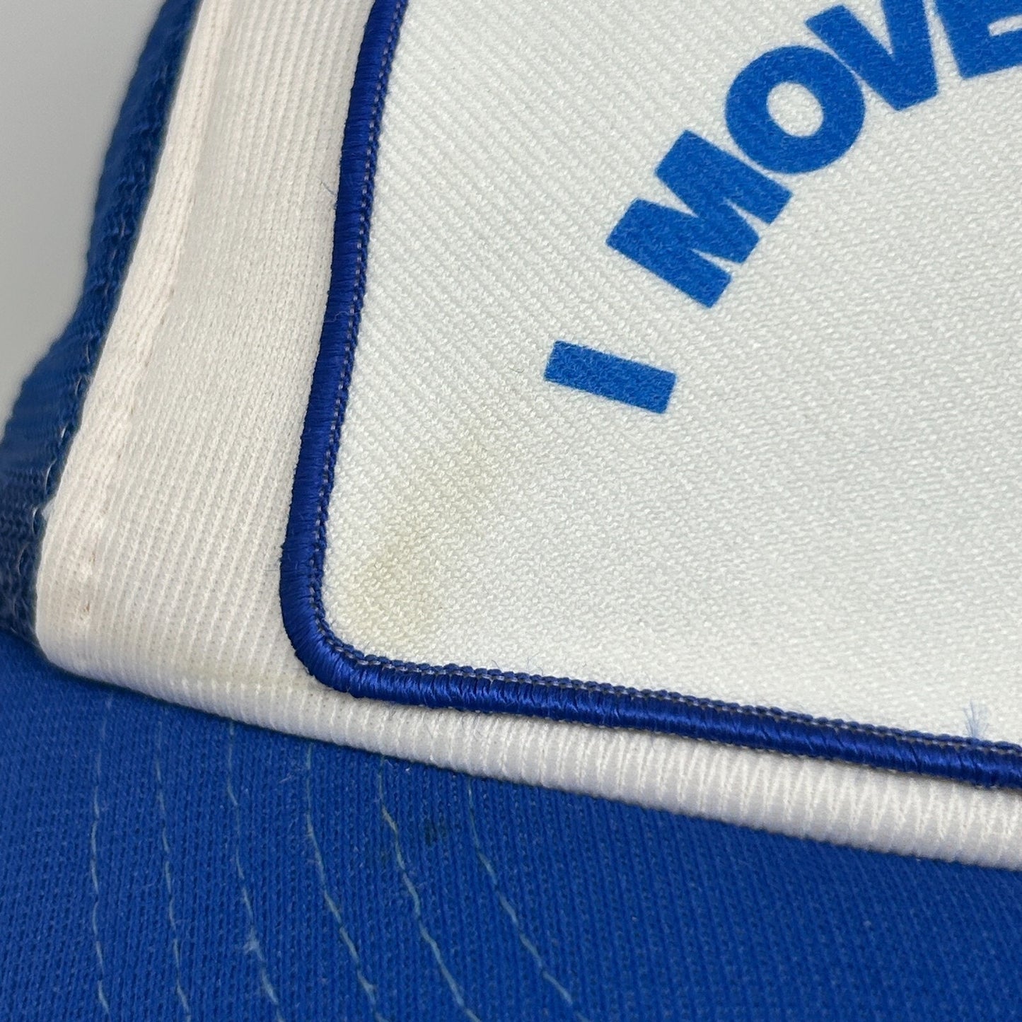 Vintage 80s I Move The Earth Patch Trucker Hat Cap Blue Mesh Snapback 5 Panel