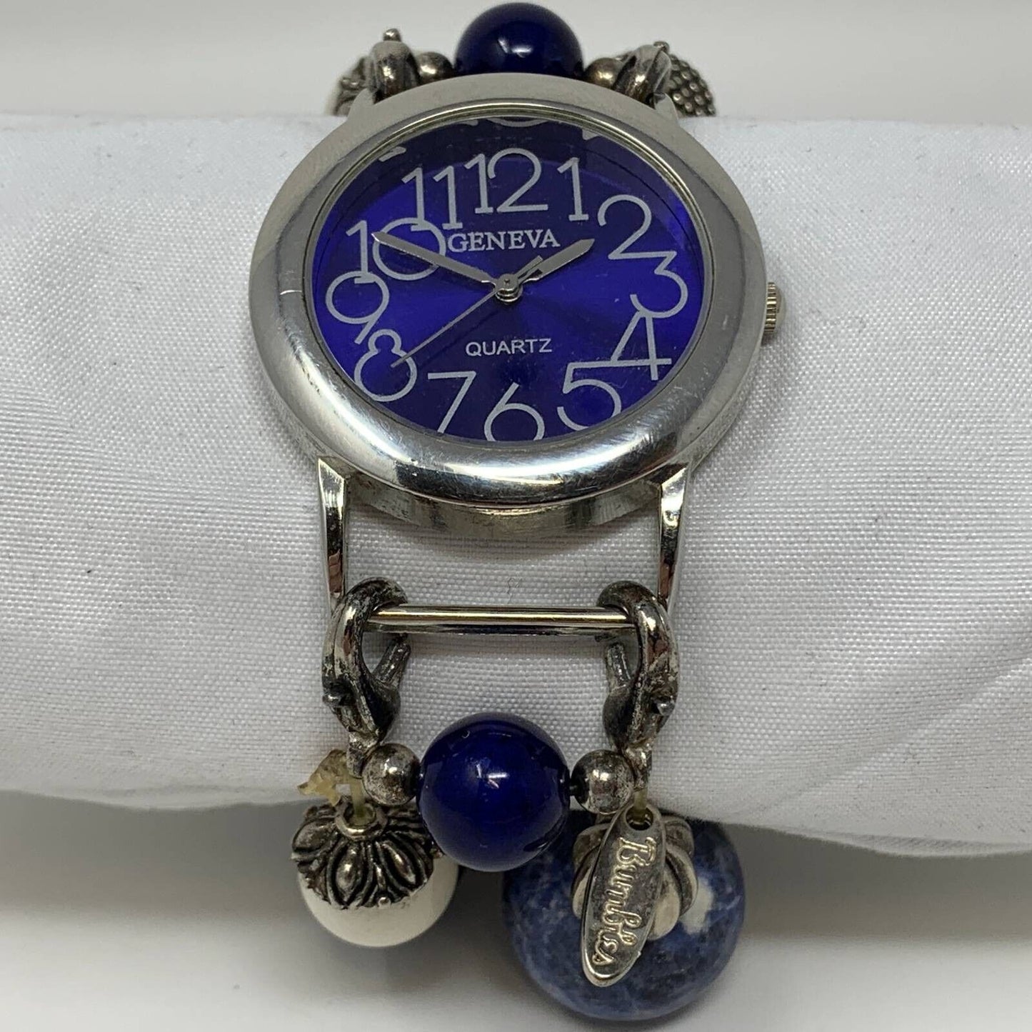 Geneva Reloj analógico con cuentas para mujer, tono plateado, azul, movimiento japonés analógico