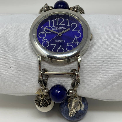 日内瓦女式串珠模拟手表银色调蓝色日本机芯模拟