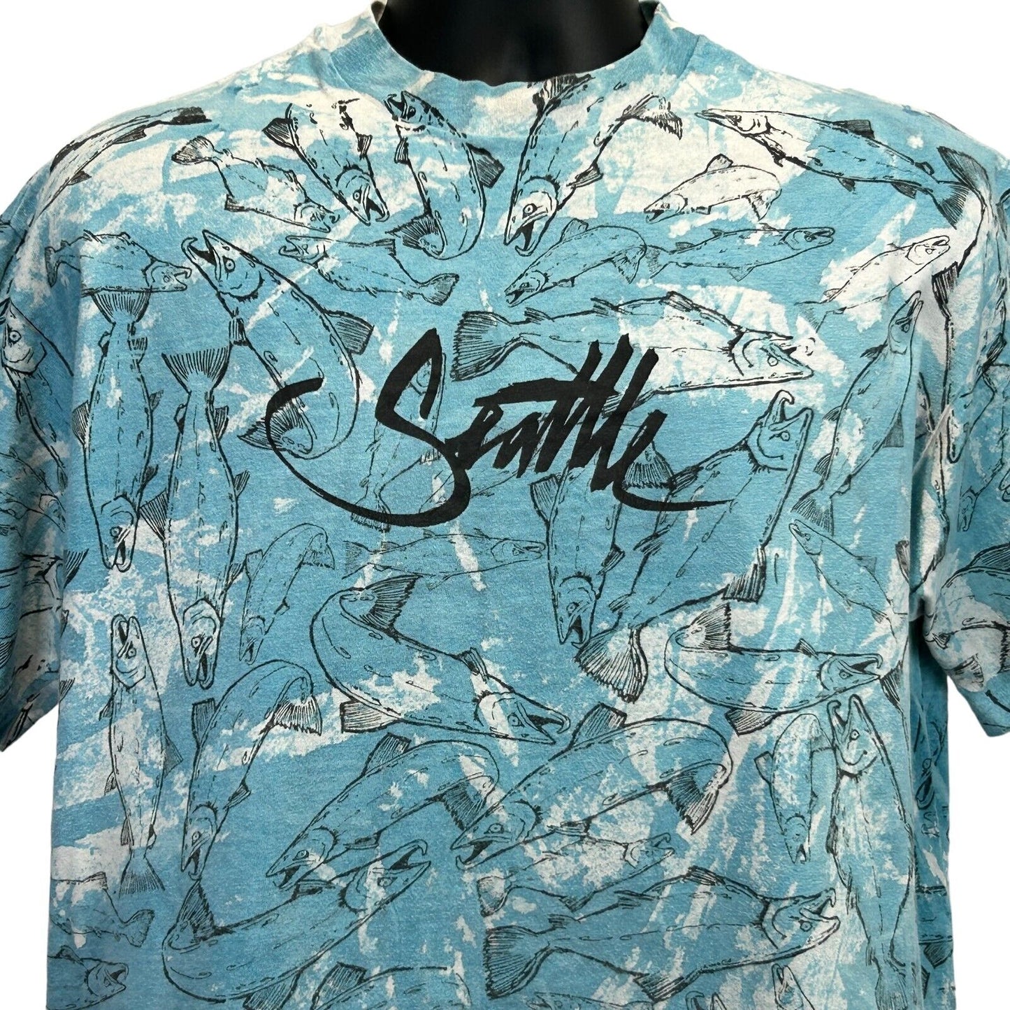 Camiseta vintage de los años 80 con estampado integral de peces de Seattle AOP, camiseta grande para turista, para hombre, azul