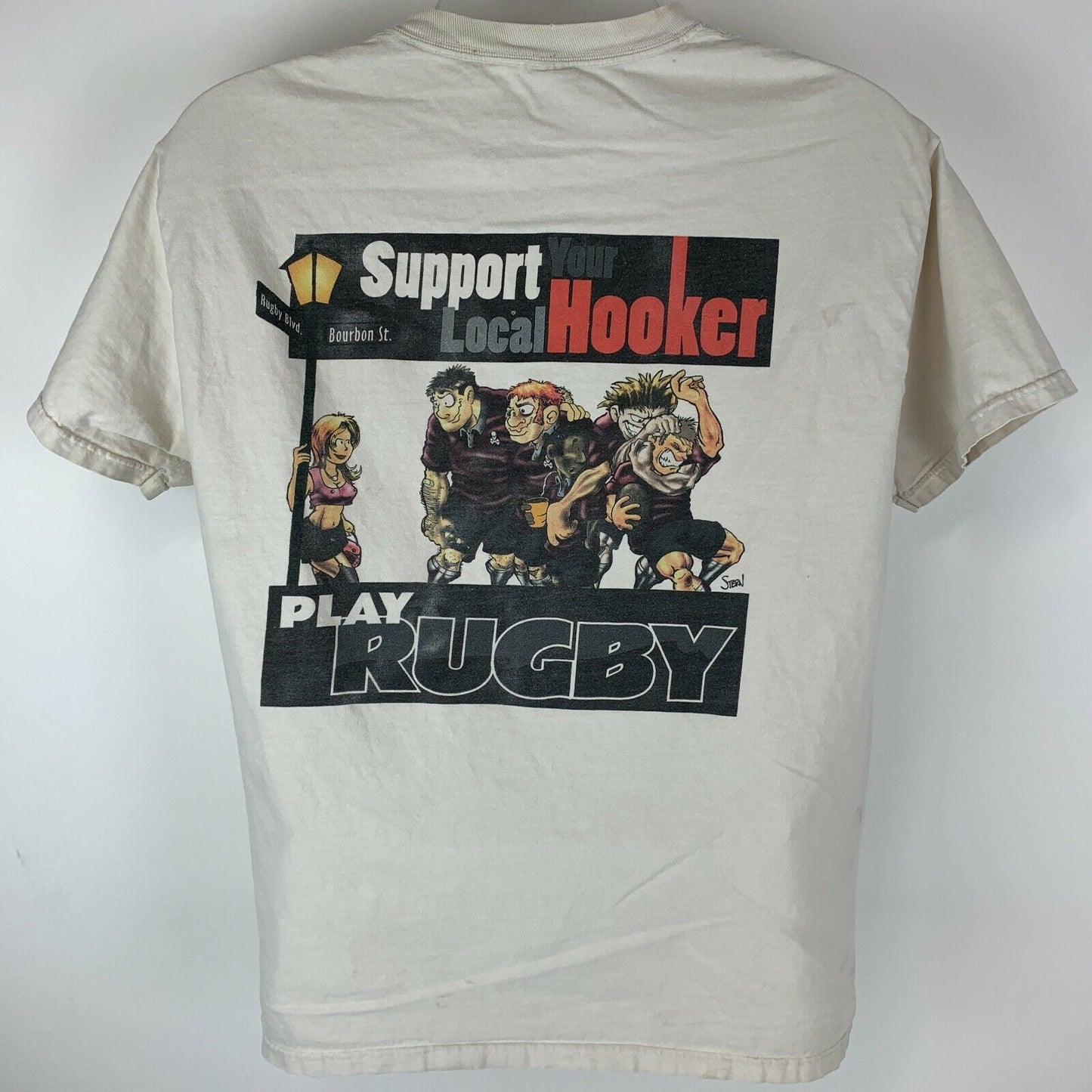 Play Rugby Support Your Local Hooker Distressed T Shirt Large Funny Mens White