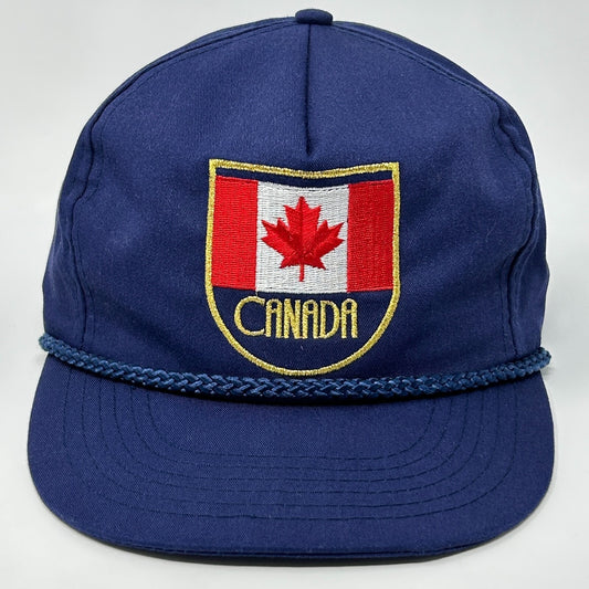 Vintage 80s Canadian Flag Hat Baseball Cap Canada Rope Corded Snapback Blue