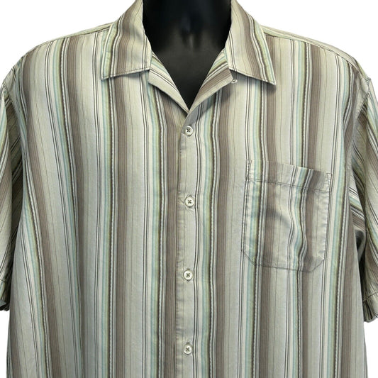 Tommy Bahama Silk Striped Hawaiian Button Front Camp Shirt Beige Large