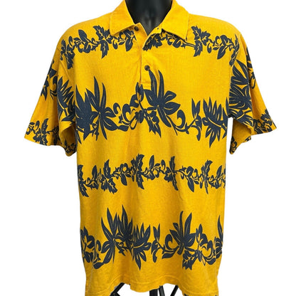 Faded Glory Hawaiian Polo Shirt Mens Large Floral Striped Yellow Blue Tee