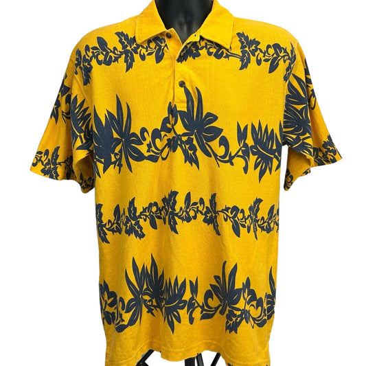 Faded Glory Hawaiian Polo Shirt Mens L Large Floral Striped Yellow Blue
