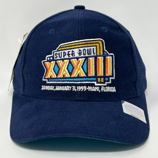 Vintage 90s Super Bowl XXXIII Hat Cap Blue Denver Broncos Miami Logo 7 Snapback