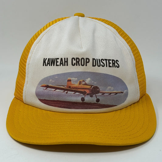 Vintage 80s Kaweah Crop Dusters Trucker Hat Baseball Cap Mesh Snapback Yellow