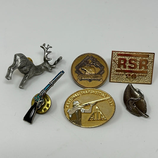 Lot of 6 Vintage Hunting Shooting Hat Lapel Pins Pinback Buttons Elk Deer Hunter