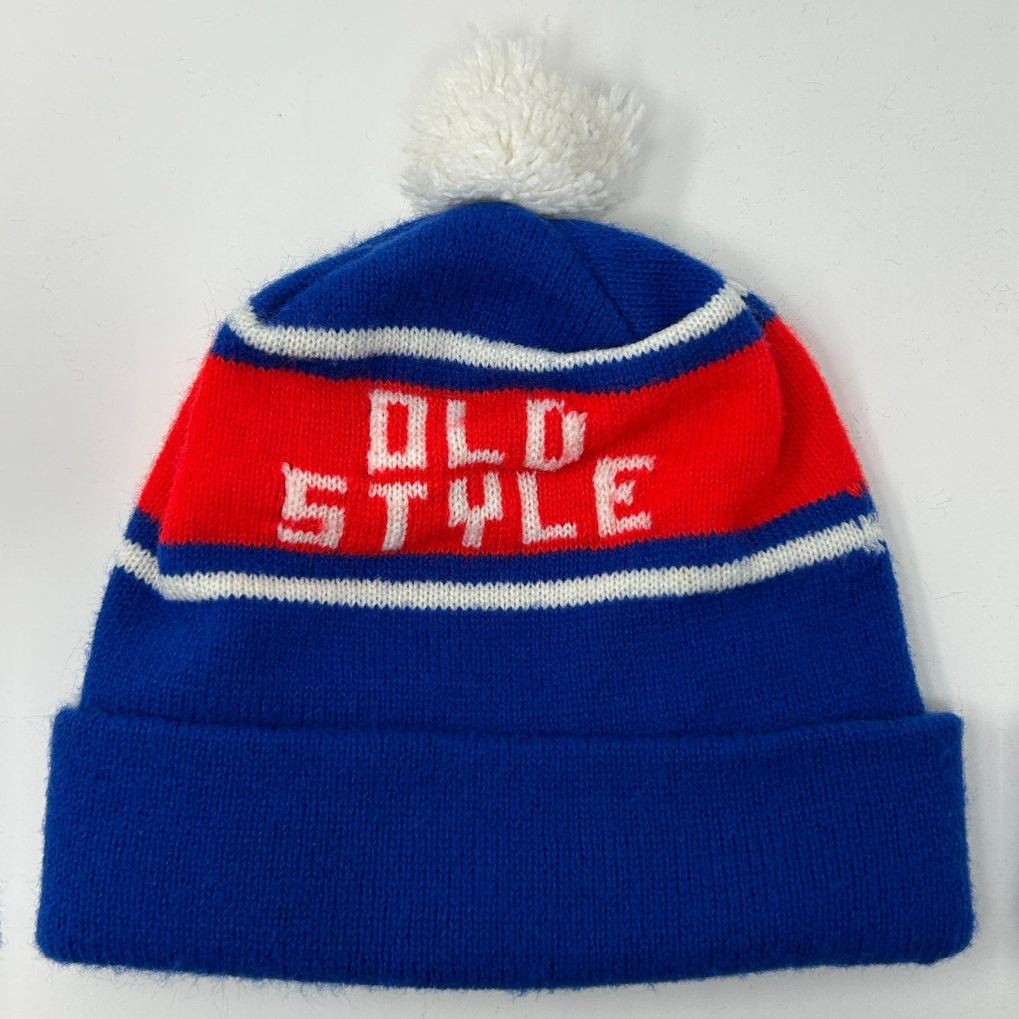 Vintage Old Style Beer Cuffed Pom Pom Beanie Toque Winter Hat Blue Breweriana