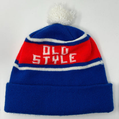 Vintage Old Style Beer Cuffed Pom Pom Beanie Toque Winter Hat Blue Breweriana