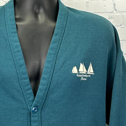 Vintage 90s Kennebunkport Maine Cardigan Sweater Sailing Sailboat Green L Large