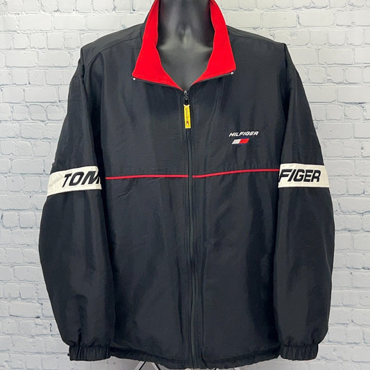 Vintage 90s Tommy Hilfiger Athletics Reversible Jacket Black Red Fleece XXL 2XL