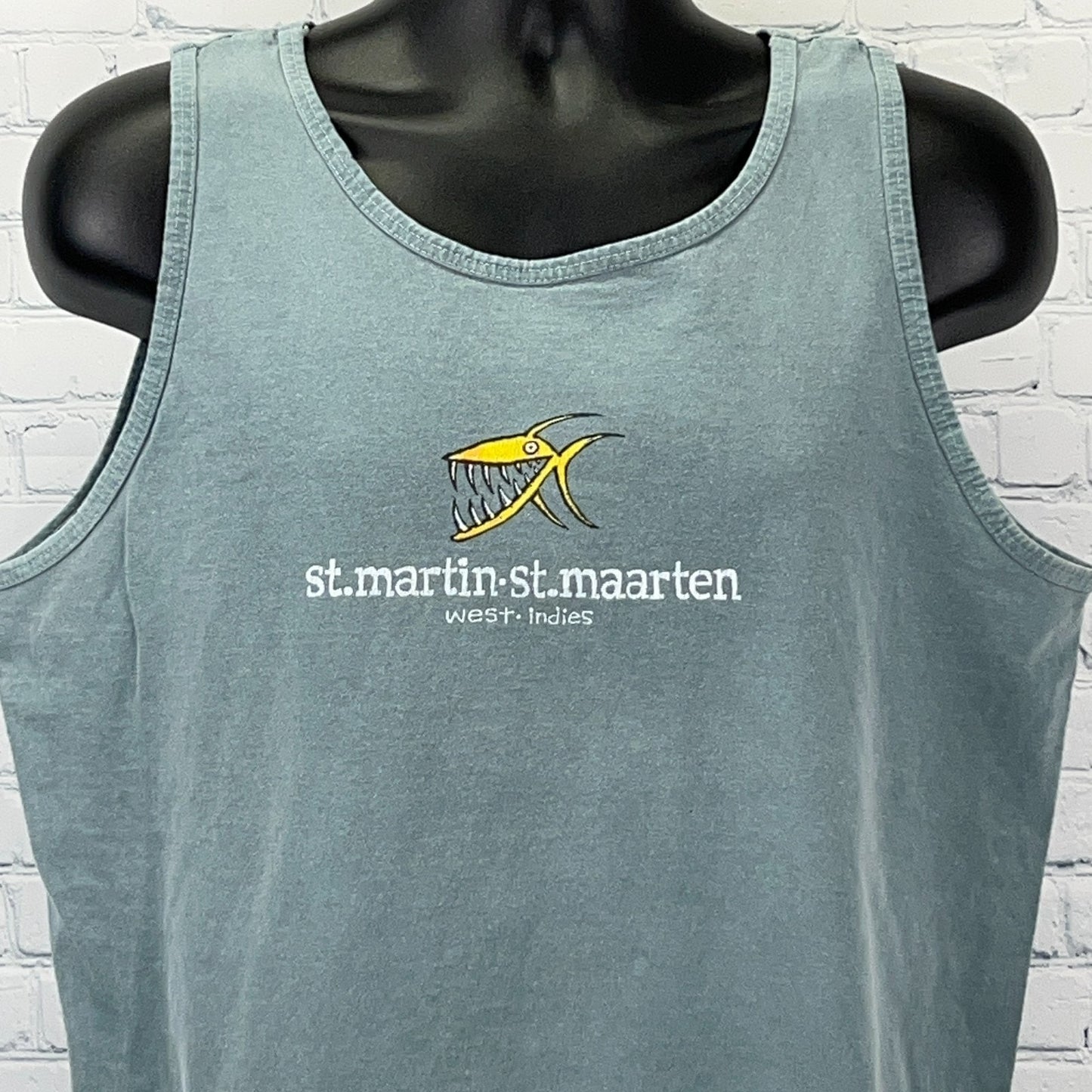Vintage 90s St Martin St Maarten West Indies Tank Top Piranha USA Green L Large