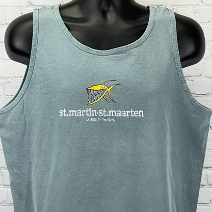 Vintage 90s St Martin St Maarten West Indies Tank Top Piranha USA Green L Large