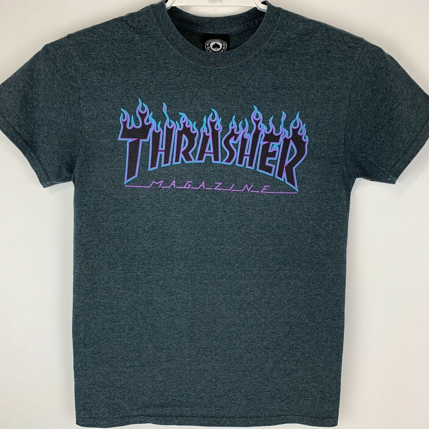 Thrasher Skateboard Magazine T Shirt Small Skating Skater Fire Flames Mens Blue