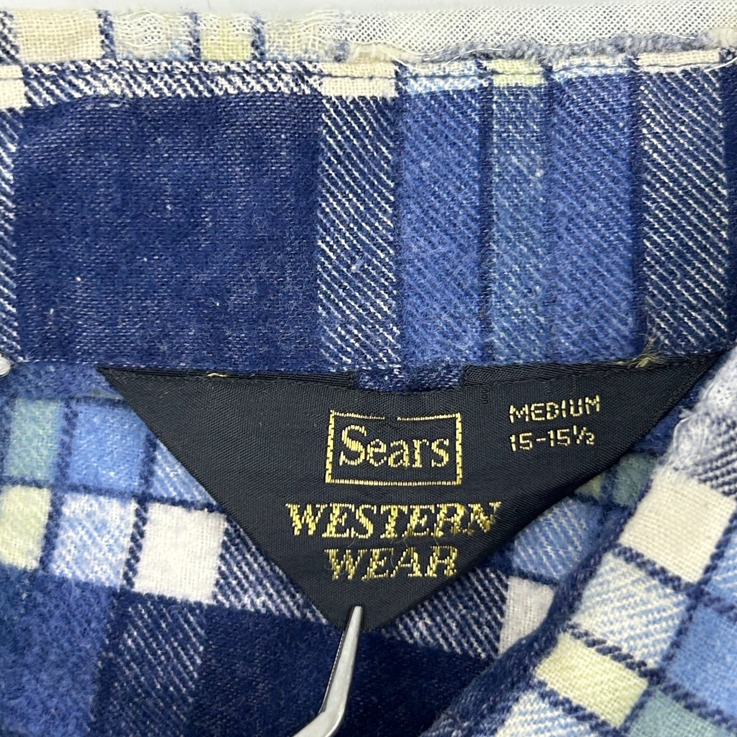Vintage 70s Sears Western Wear Pearl Snap Flannel Shirt Blue Button Up M Medium
