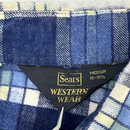 Vintage 70s Sears Western Wear Pearl Snap Flannel Shirt Blue Button Up M Medium