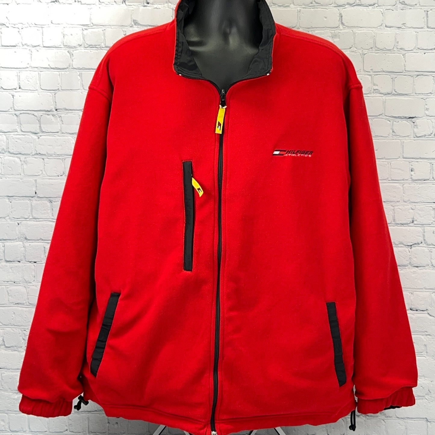 Vintage 90s Tommy Hilfiger Athletics Reversible Jacket Black Red Fleece XXL 2XL