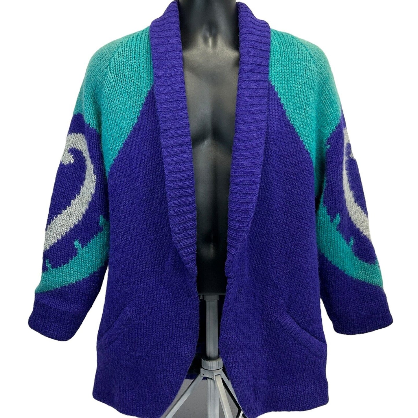 Chaqueta tipo cárdigan vintage de los años 80 con parte delantera abierta y diseño de corazón mediano para hombre, color morado y verde