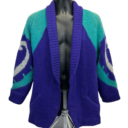 Vintage 80s Open Front Cardigan Sweater Jacket Medium Heart Mens Purple Green