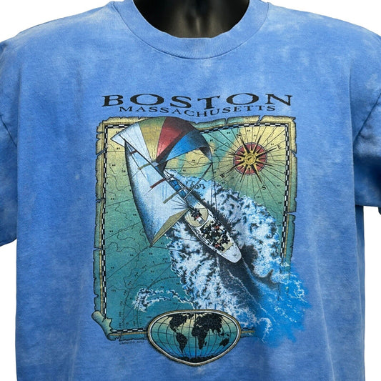 Camiseta vintage de vela Boston Massachusetts de los años 90 con diseño de yate grande y velero para hombre en azul