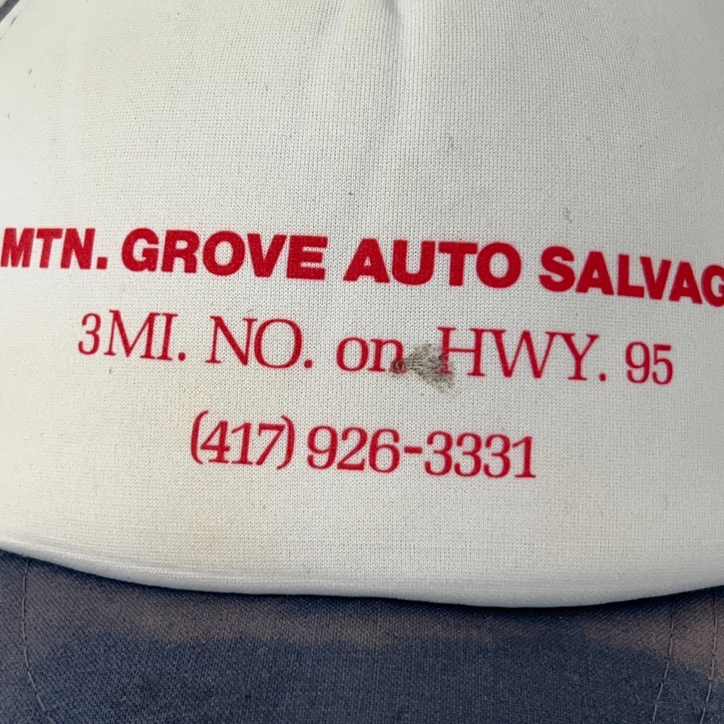 Vintage 80s Mountain Grove Auto Salvage Trucker Hat Baseball Cap Snapback Blue