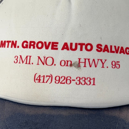 Vintage 80s Mountain Grove Auto Salvage Trucker Hat Baseball Cap Snapback Blue