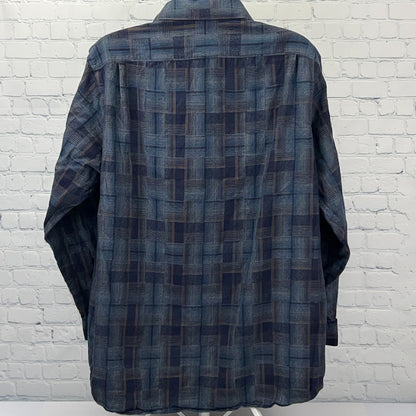 Hart Schaffner Marx Shirt 3XT 3XLT XXXL Tall Blue Plaid Long Sleeve Button Front