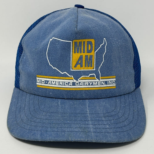 Vintage 80s Mid-America Dairymen Trucker Hat Baseball Cap Mid-Am Snapback Blue