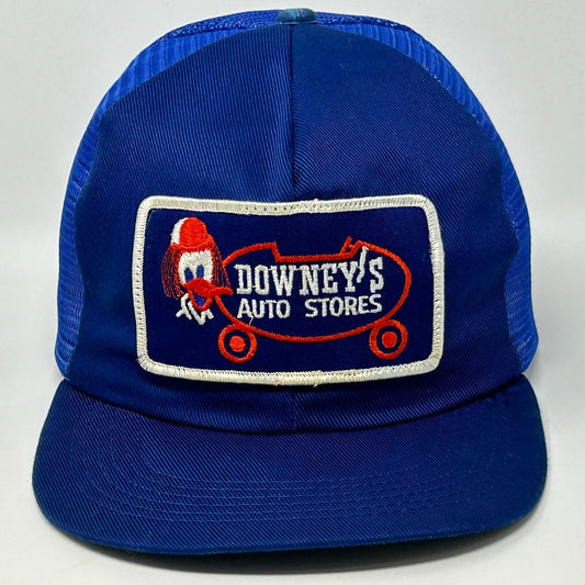 Vintage 80s Downey's Auto Stores Trucker Hat Cap Blue Made In USA Mesh Snapback - Neon Vintage