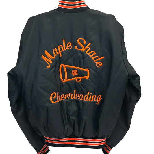 Vintage 90s Maple Shade Cheerleading Womens Satin Bomber Jacket Unisex Large USA Black