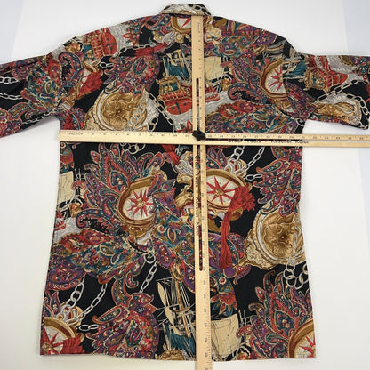 Vintage 90s Pirate Ship Roulette Button Front Shirt Black Burma Bibas S Small