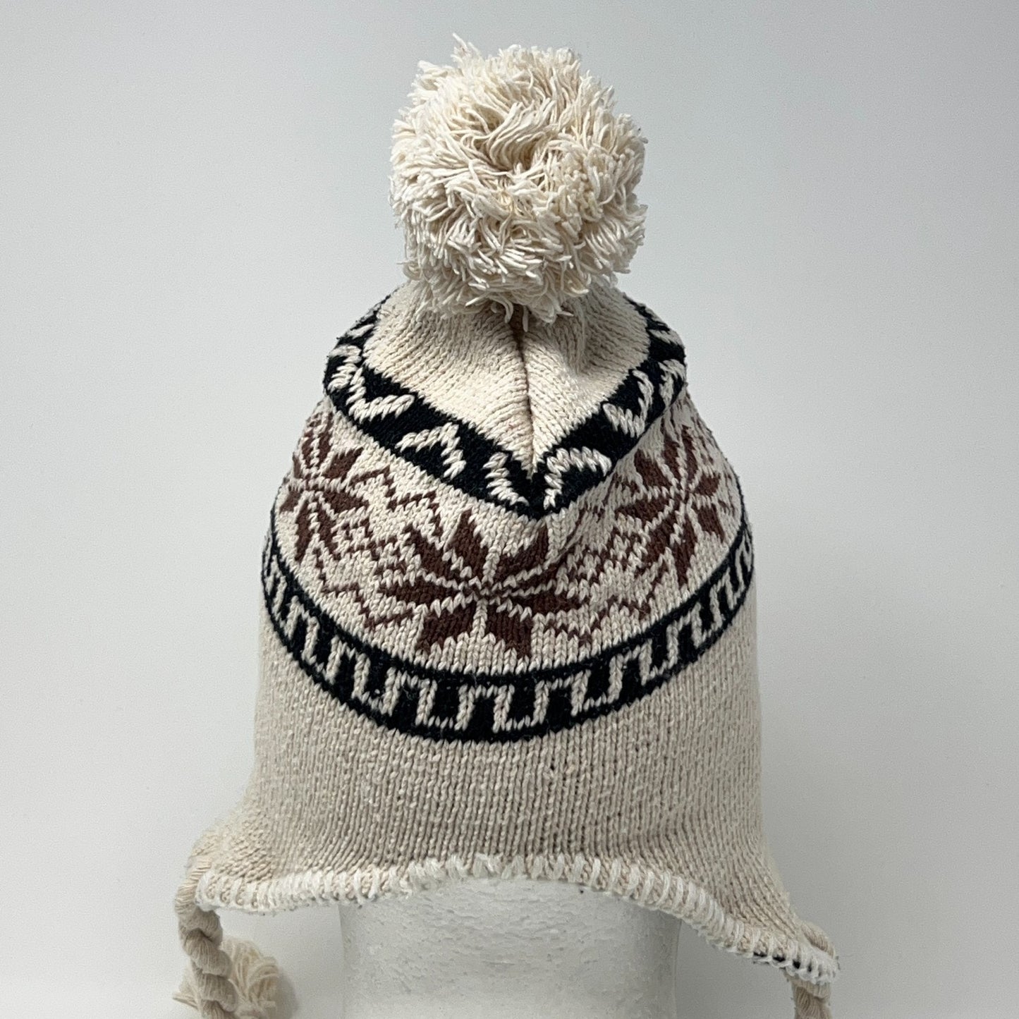 Beige Brown Ear Flap Winter Hat Beanie One Size Knit Pom Tassel Fleece Lined