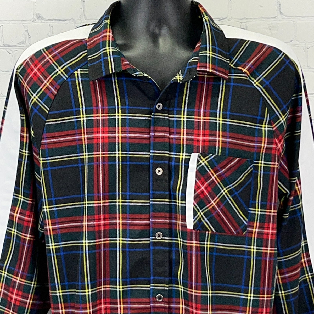 Elwood Plaid Button Up Shirt S Small Tartan Raw Hem Track Stripe Long Sleeve