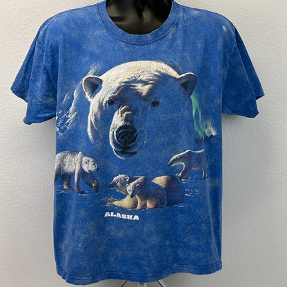 Vintage Y2Ks Polar Bears Alaska T Shirt Bleach Spotted Tie Dye Blue L Large