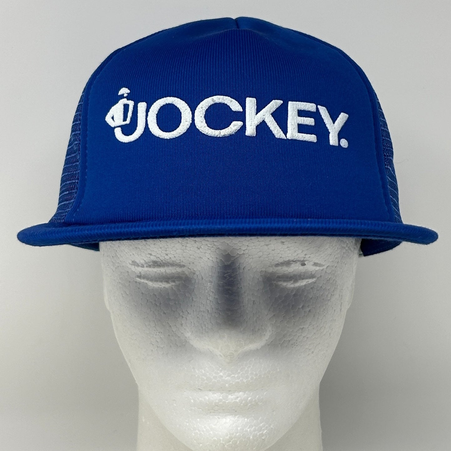 Vintage Jockey Brand Trucker Hat Cap Blue 80s Logo Mesh Snapback Foam Front