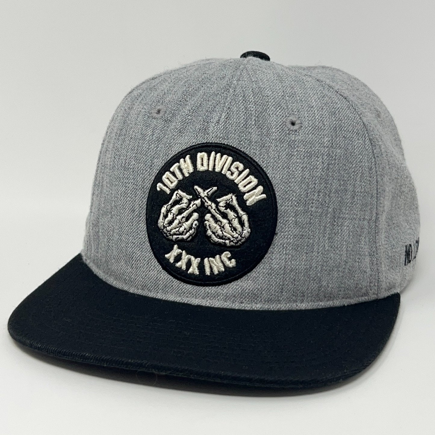10.Deep Gray Snapback Hat with Black Brim and Front Logo Patch featuring 10th Division Design