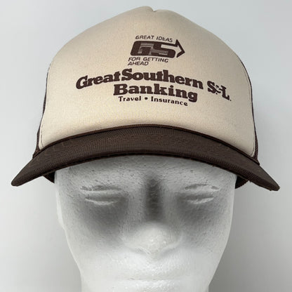 Vintage 80s Great Southern Banking Trucker Hat Baseball Cap Mesh Snapback Brown