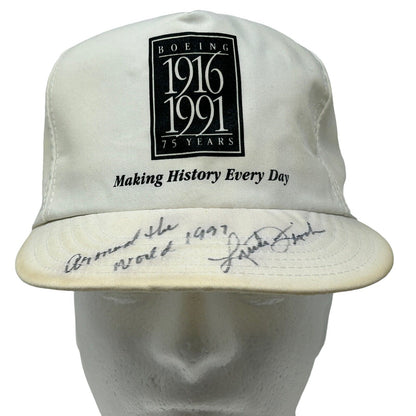 Pilot Linda Finch Autographed Hat Vintage 90s White Boeing Signed Baseball Cap